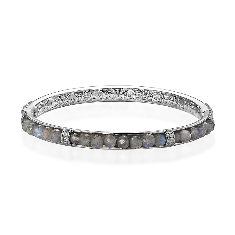 Malagasy Labradorite 21.30 ctw Bangle Bracelet in Stainless Steel (6.50 In)