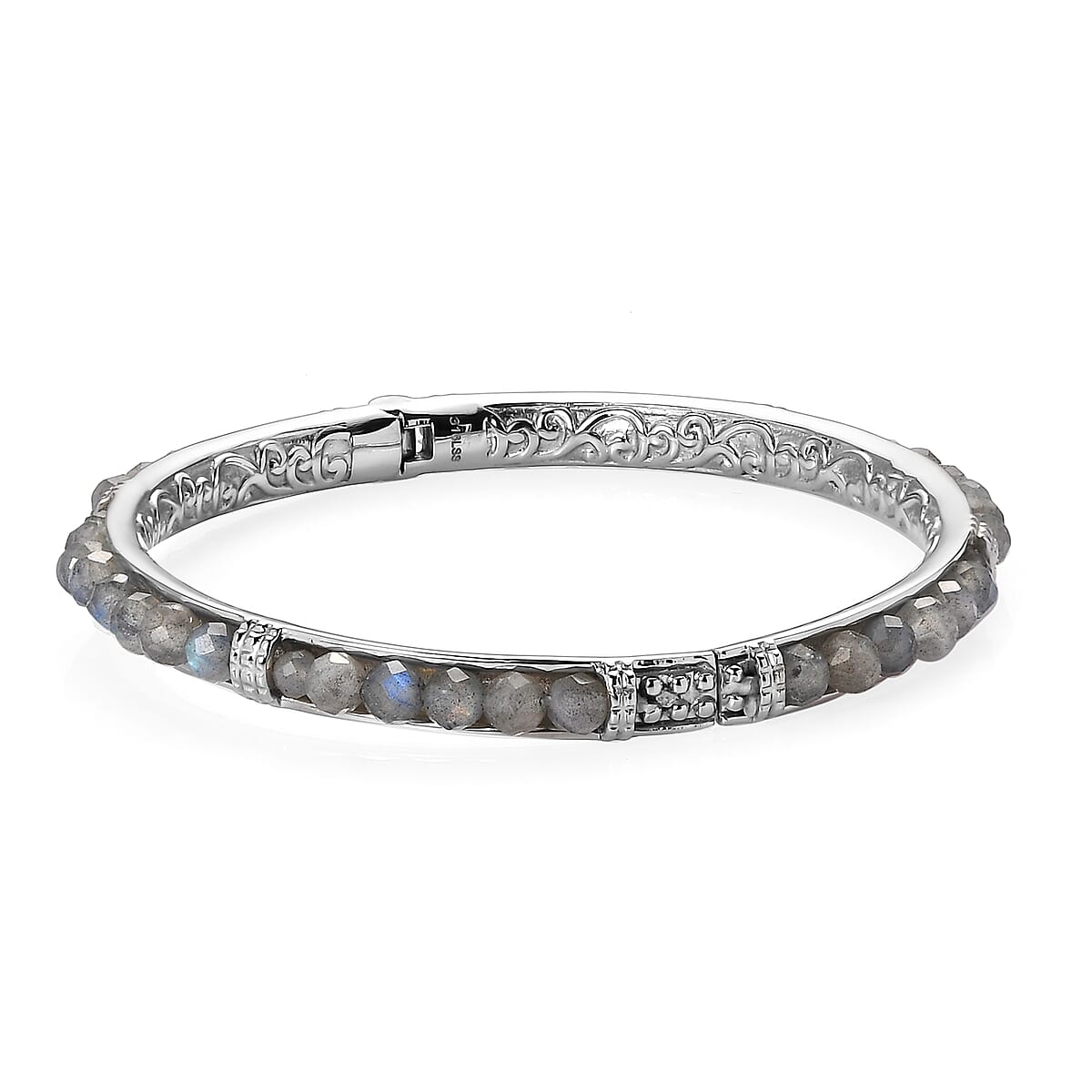 Malagasy Labradorite 21.30 ctw Bangle Bracelet in Stainless Steel (6.50 In) image number 3