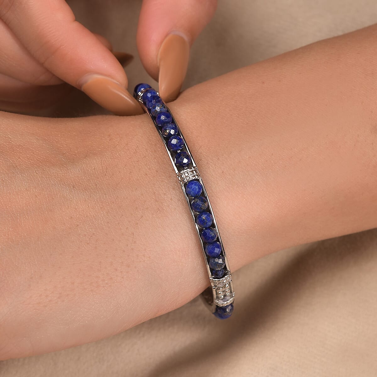 Lapis Lazuli 19.50 ctw Bangle Bracelet in Stainless Steel (6.50 In) image number 2