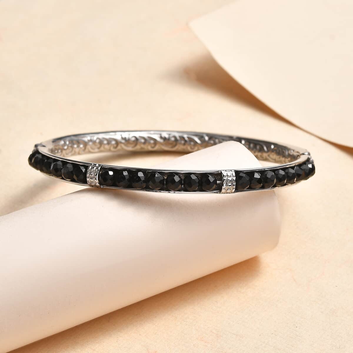 Australian Black Tourmaline Bangle Bracelet in Stainless Steel (6.50 In) 22.60 ctw image number 1