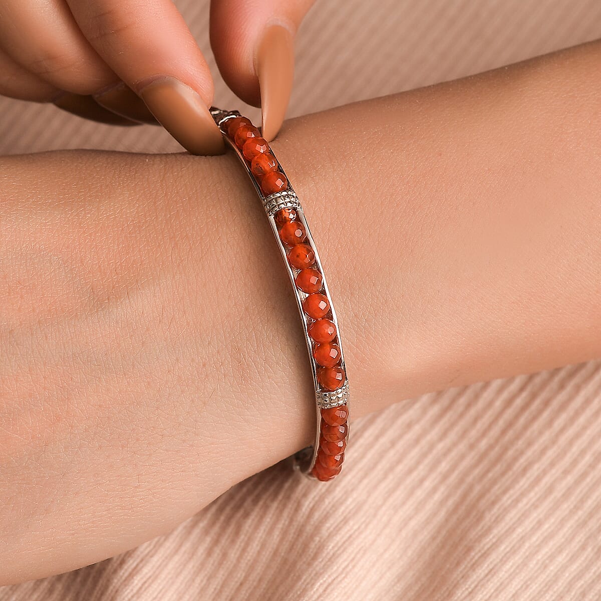 Carnelian 17.50 ctw Bangle Bracelet in Stainless Steel (6.50 In) image number 2