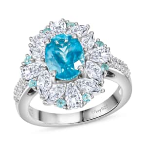 Premium Betroka Blue Apatite and Multi Gemstone 4.15 ctw Oceanic Bloom Ring in Rhodium Over Sterling Silver (Size 10.0) 