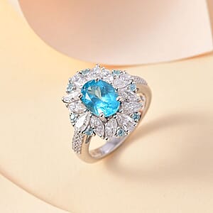 Premium Betroka Blue Apatite and Multi Gemstone 4.15 ctw Oceanic Bloom Ring in Rhodium Over Sterling Silver (Size 10.0) 