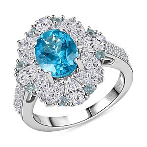 Premium Betroka Blue Apatite and Multi Gemstone 4.15 ctw Oceanic Bloom Ring in Rhodium Over Sterling Silver (Size 7.0) 