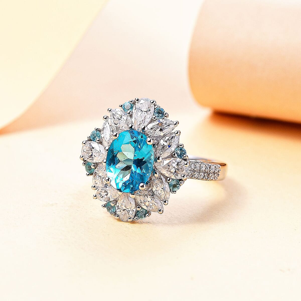Premium Betroka Blue Apatite and Multi Gemstone 4.15 ctw Oceanic Bloom Ring in Rhodium Over Sterling Silver (Size 7.0)  image number 1