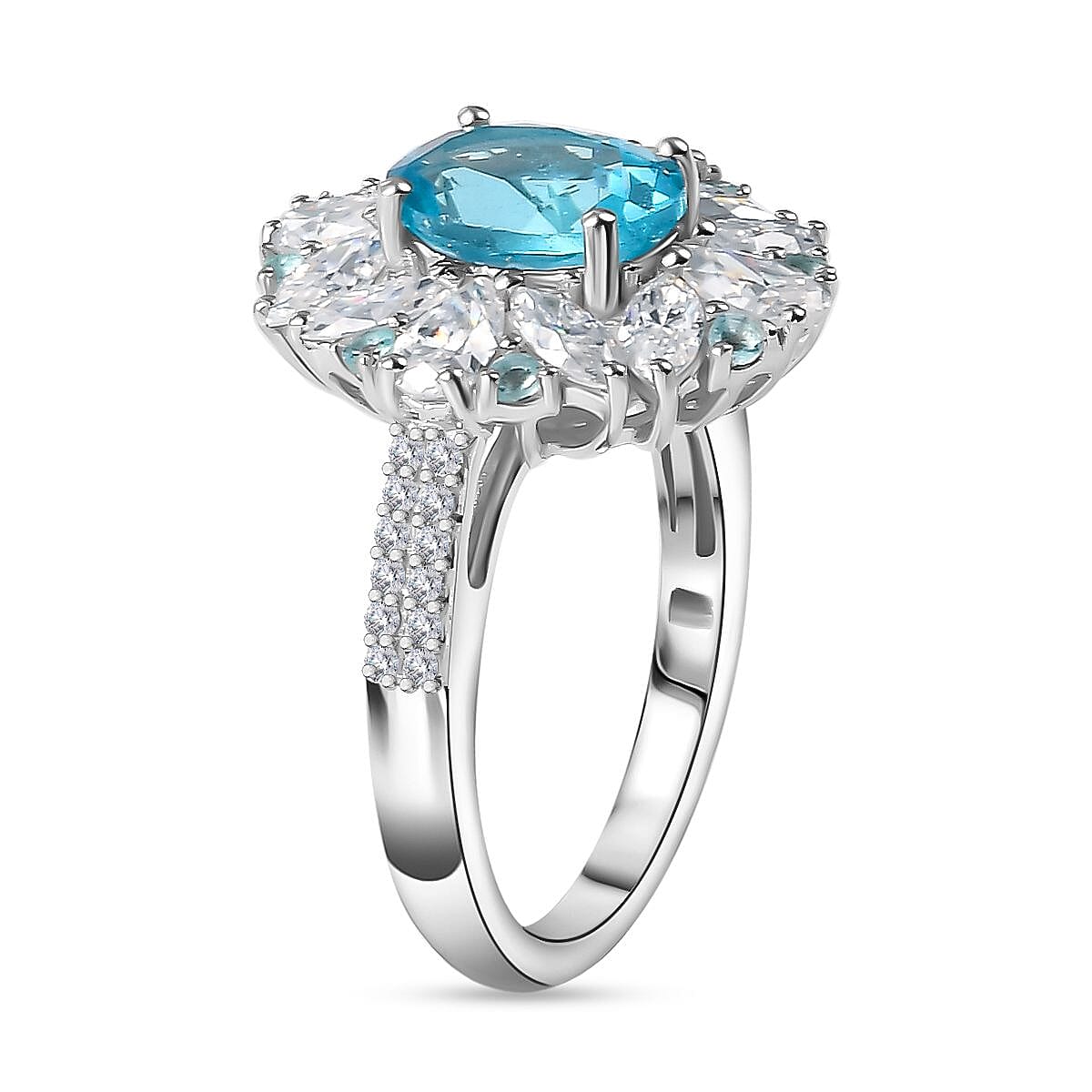 Premium Betroka Blue Apatite and Multi Gemstone 4.15 ctw Oceanic Bloom Ring in Rhodium Over Sterling Silver (Size 7.0)  image number 3