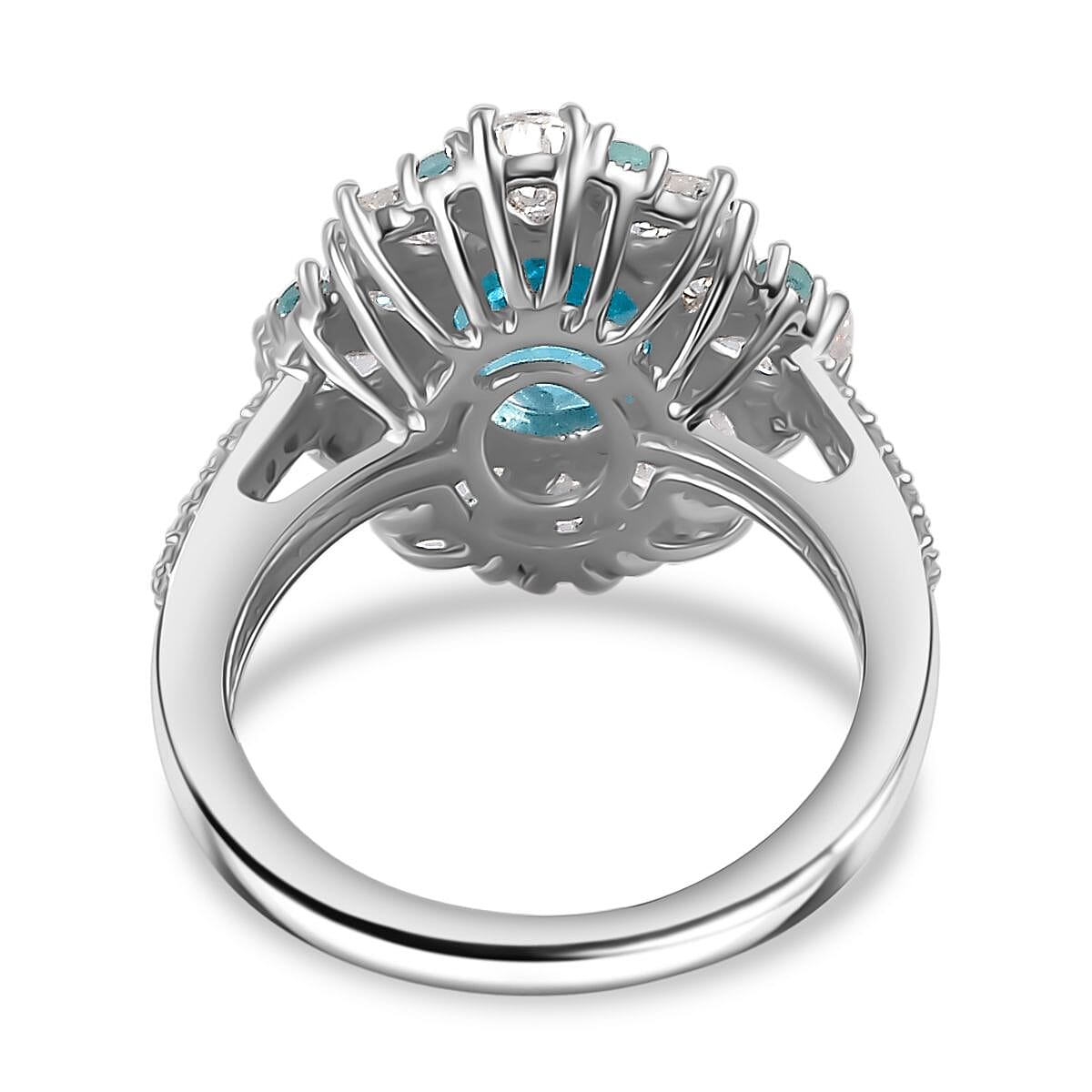Premium Betroka Blue Apatite and Multi Gemstone 4.15 ctw Oceanic Bloom Ring in Rhodium Over Sterling Silver (Size 7.0)  image number 4