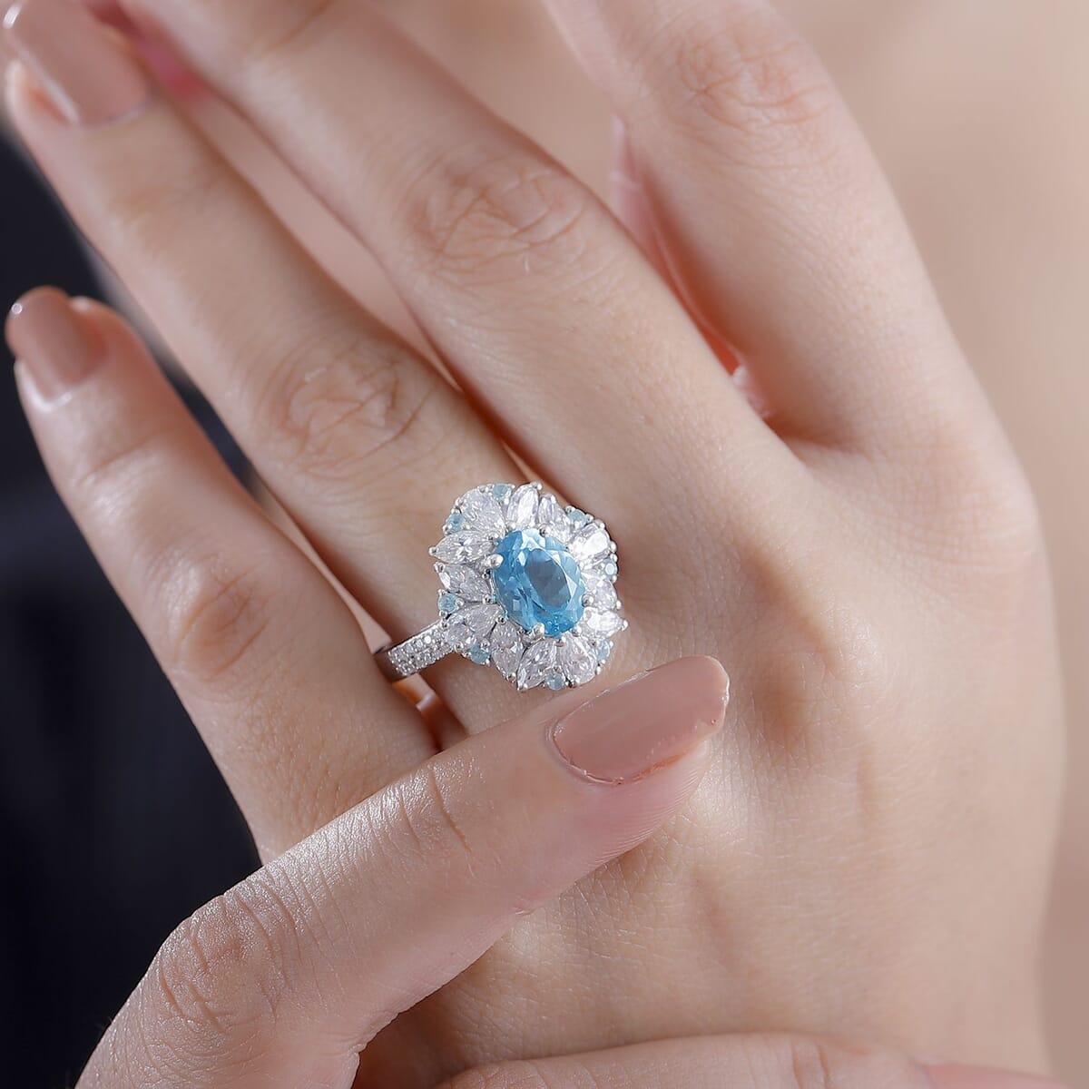 Premium Betroka Blue Apatite and Multi Gemstone 4.15 ctw Oceanic Bloom Ring in Rhodium Over Sterling Silver (Size 8.0)  image number 2