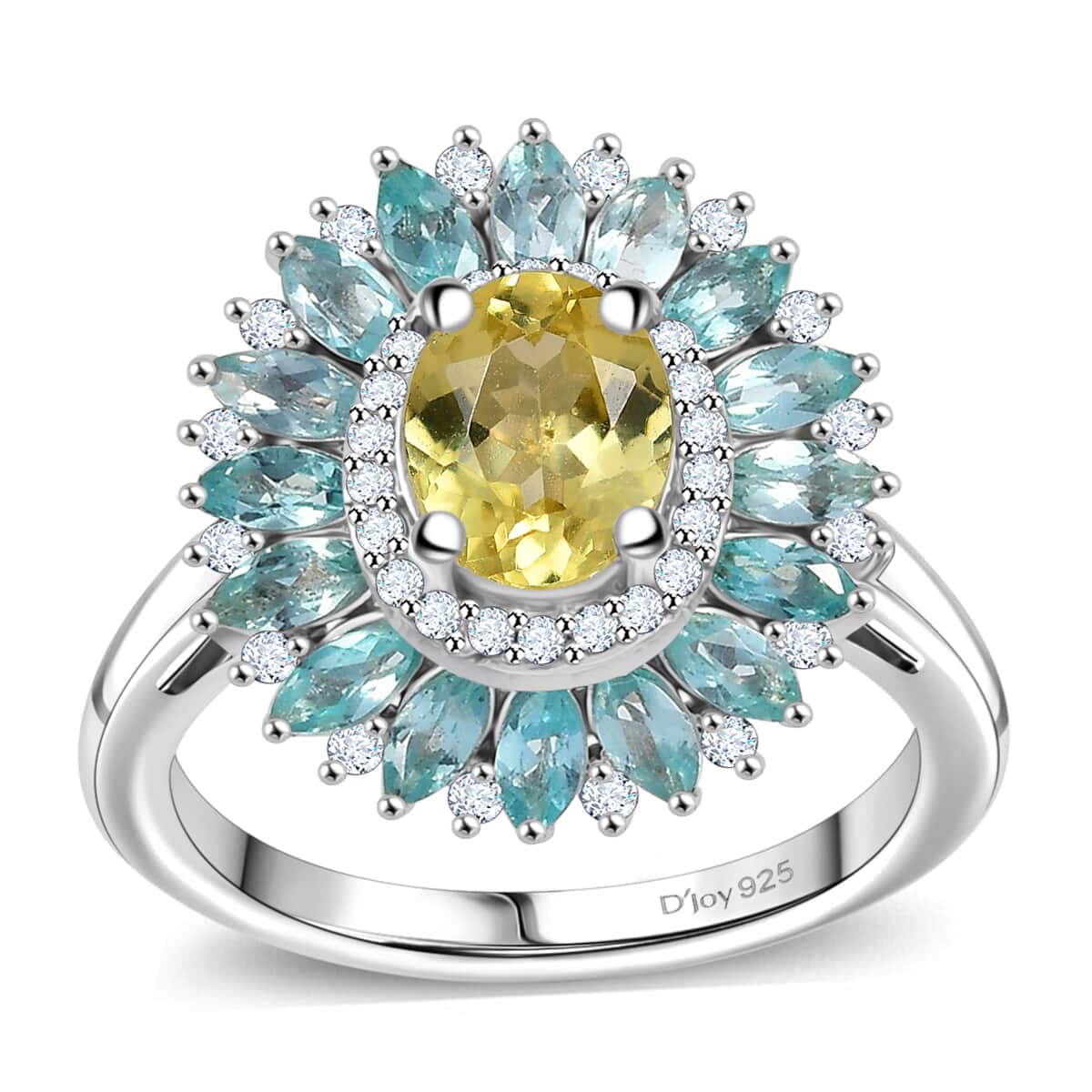 Premium Madagascar Yellow and Lagoon Apatite and Moissanite 2.90 ctw Dahlia Flower Ring in Rhodium Over Sterling Silver (Size 10.0) image number 0