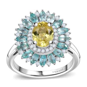 Premium Madagascar Yellow and Lagoon Apatite and Moissanite 2.90 ctw Dahlia Flower Ring in Rhodium Over Sterling Silver (Size 10.0)