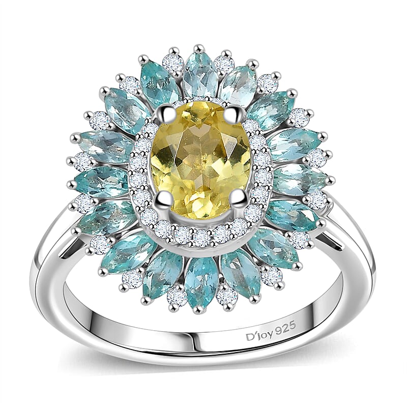 Premium Madagascar Yellow and Lagoon Apatite and Moissanite 2.90 ctw Dahlia Flower Ring in Rhodium Over Sterling Silver (Size 10.0)
