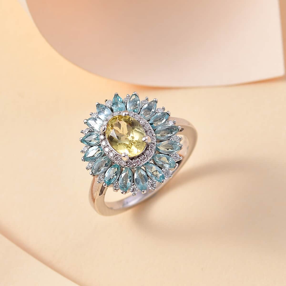 Premium Madagascar Yellow and Lagoon Apatite and Moissanite 2.90 ctw Dahlia Flower Ring in Rhodium Over Sterling Silver (Size 10.0) image number 1