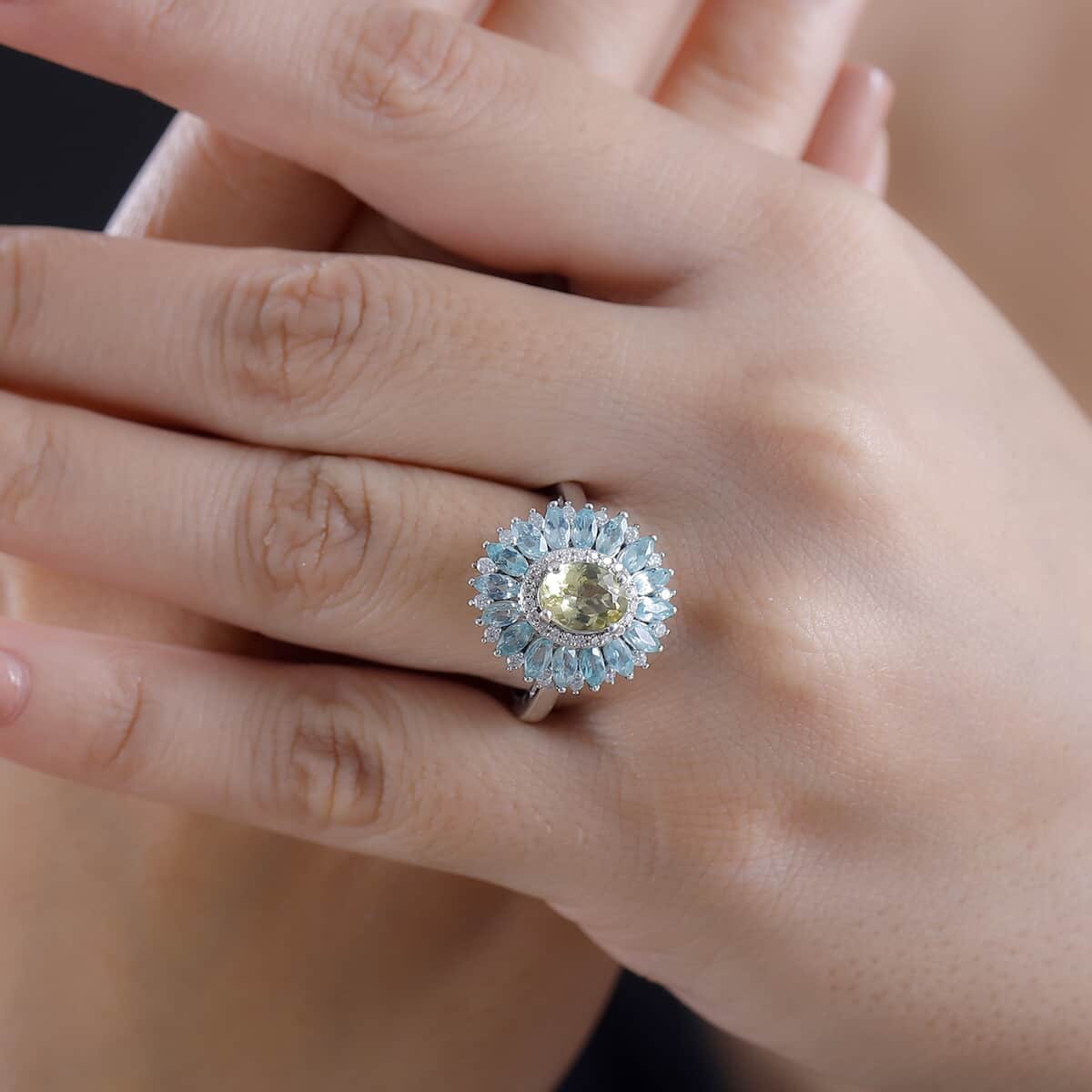 Premium Madagascar Yellow and Lagoon Apatite and Moissanite 2.90 ctw Dahlia Flower Ring in Rhodium Over Sterling Silver (Size 10.0) image number 2