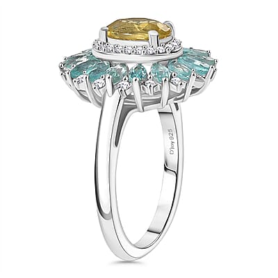 Premium Madagascar Yellow and Lagoon Apatite and Moissanite 2.90 ctw Dahlia Flower Ring in Rhodium Over Sterling Silver (Size 10.0)