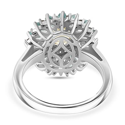 Premium Madagascar Yellow and Lagoon Apatite and Moissanite 2.90 ctw Dahlia Flower Ring in Rhodium Over Sterling Silver (Size 10.0)