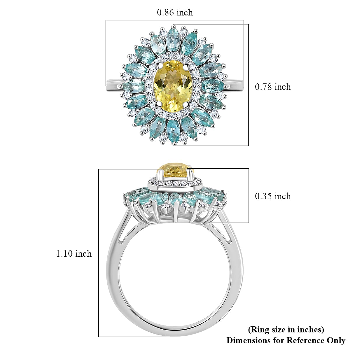 Premium Madagascar Yellow and Lagoon Apatite and Moissanite 2.90 ctw Dahlia Flower Ring in Rhodium Over Sterling Silver (Size 10.0)
