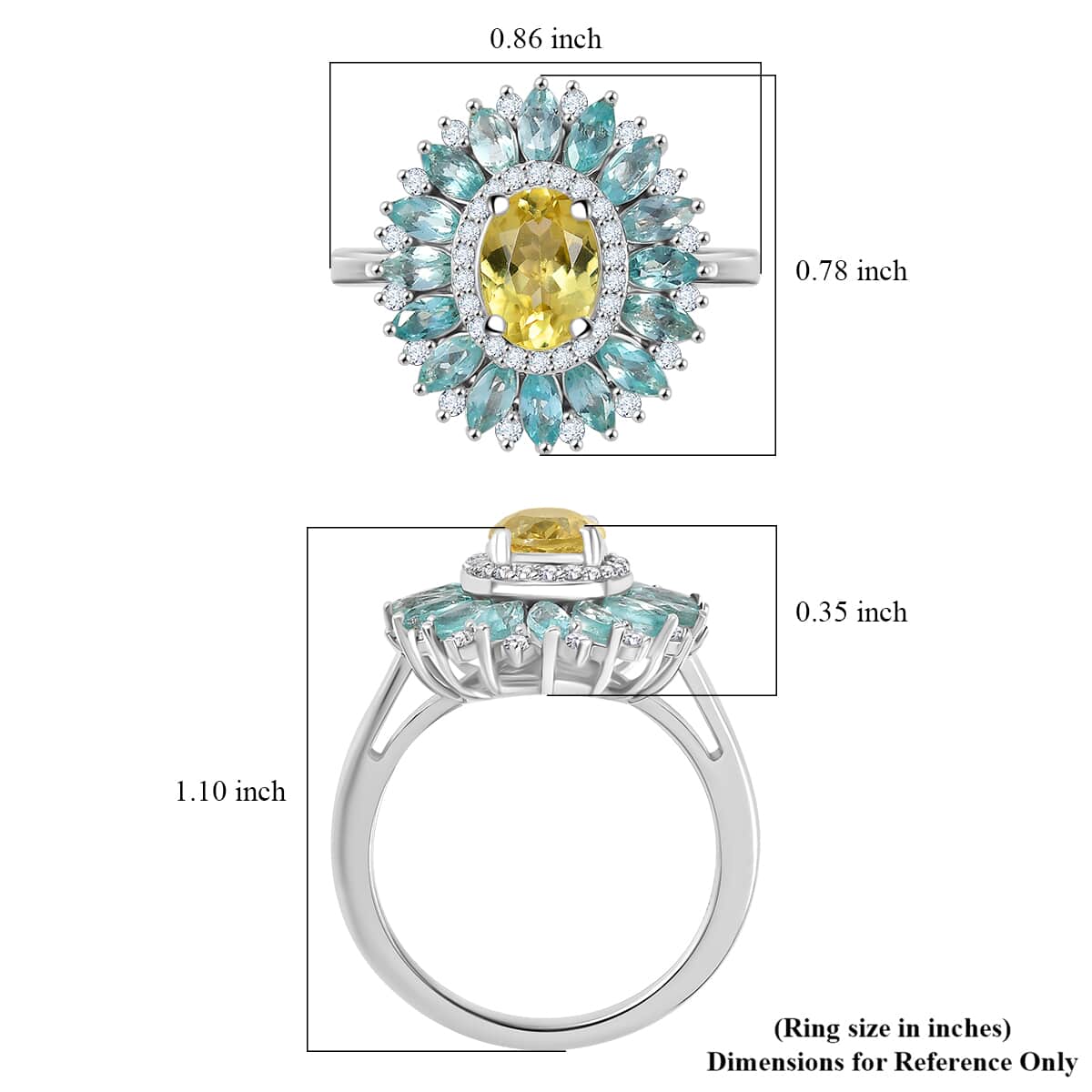 Premium Madagascar Yellow and Lagoon Apatite and Moissanite 2.90 ctw Dahlia Flower Ring in Rhodium Over Sterling Silver (Size 10.0) image number 5