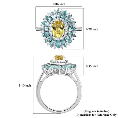 Premium Madagascar Yellow and Lagoon Apatite and Moissanite 2.90 ctw Dahlia Flower Ring in Rhodium Over Sterling Silver (Size 10.0)