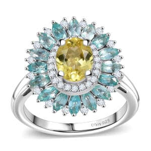 Premium Madagascar Yellow and Lagoon Apatite and Moissanite 2.90 ctw Dahlia Flower Ring in Rhodium Over Sterling Silver (Size 6.0)