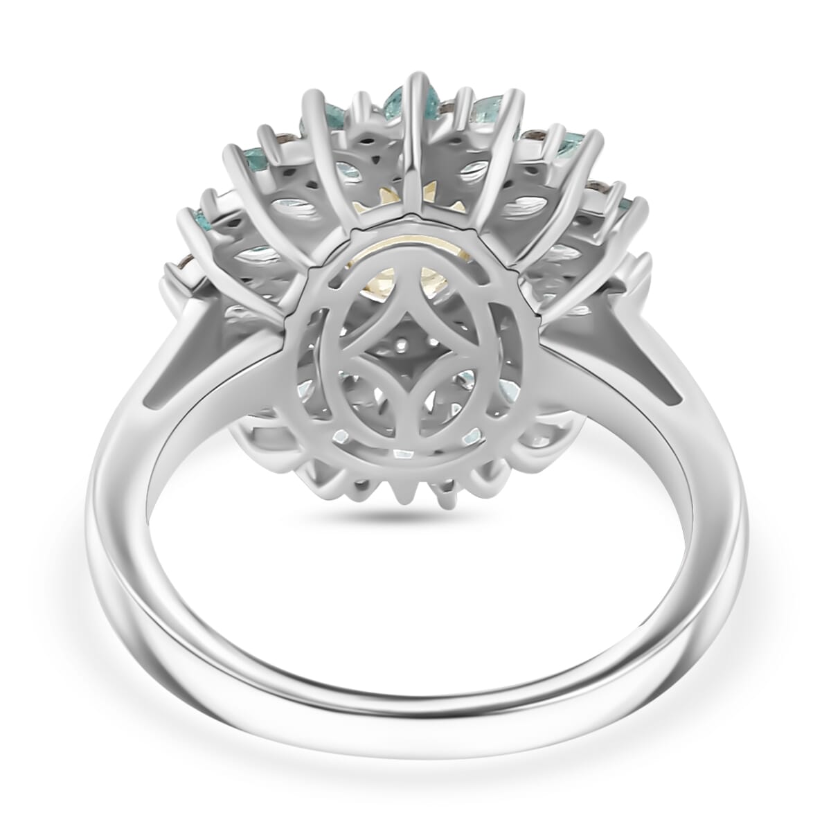 Premium Madagascar Yellow and Lagoon Apatite and Moissanite 2.90 ctw Dahlia Flower Ring in Rhodium Over Sterling Silver (Size 6.0) image number 4