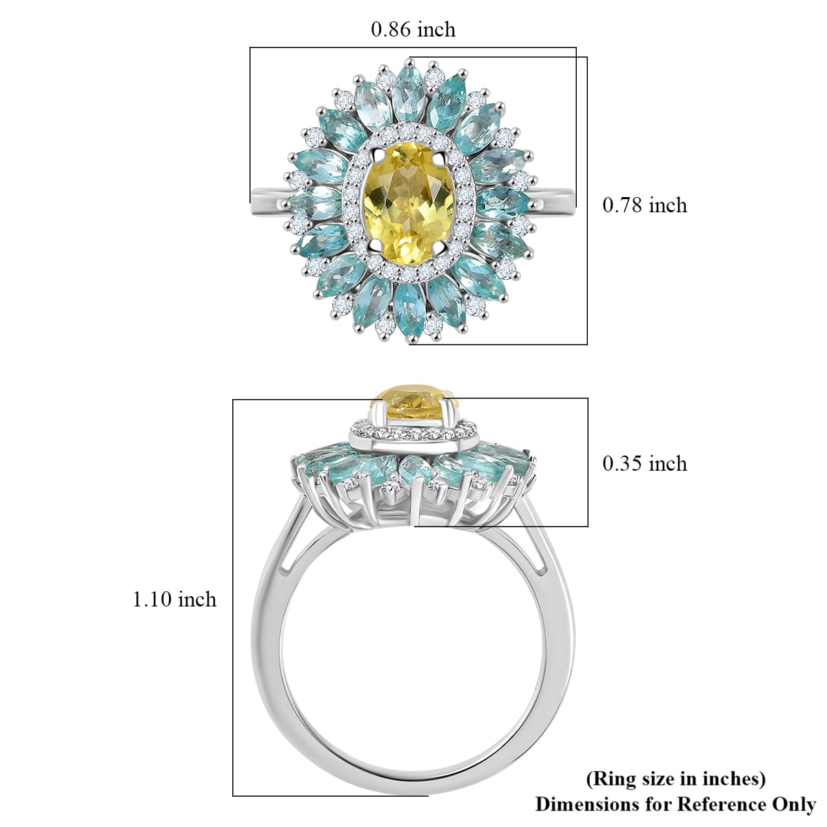 Premium Madagascar Yellow and Lagoon Apatite and Moissanite 2.90 ctw Dahlia Flower Ring in Rhodium Over Sterling Silver (Size 6.0) image number 5