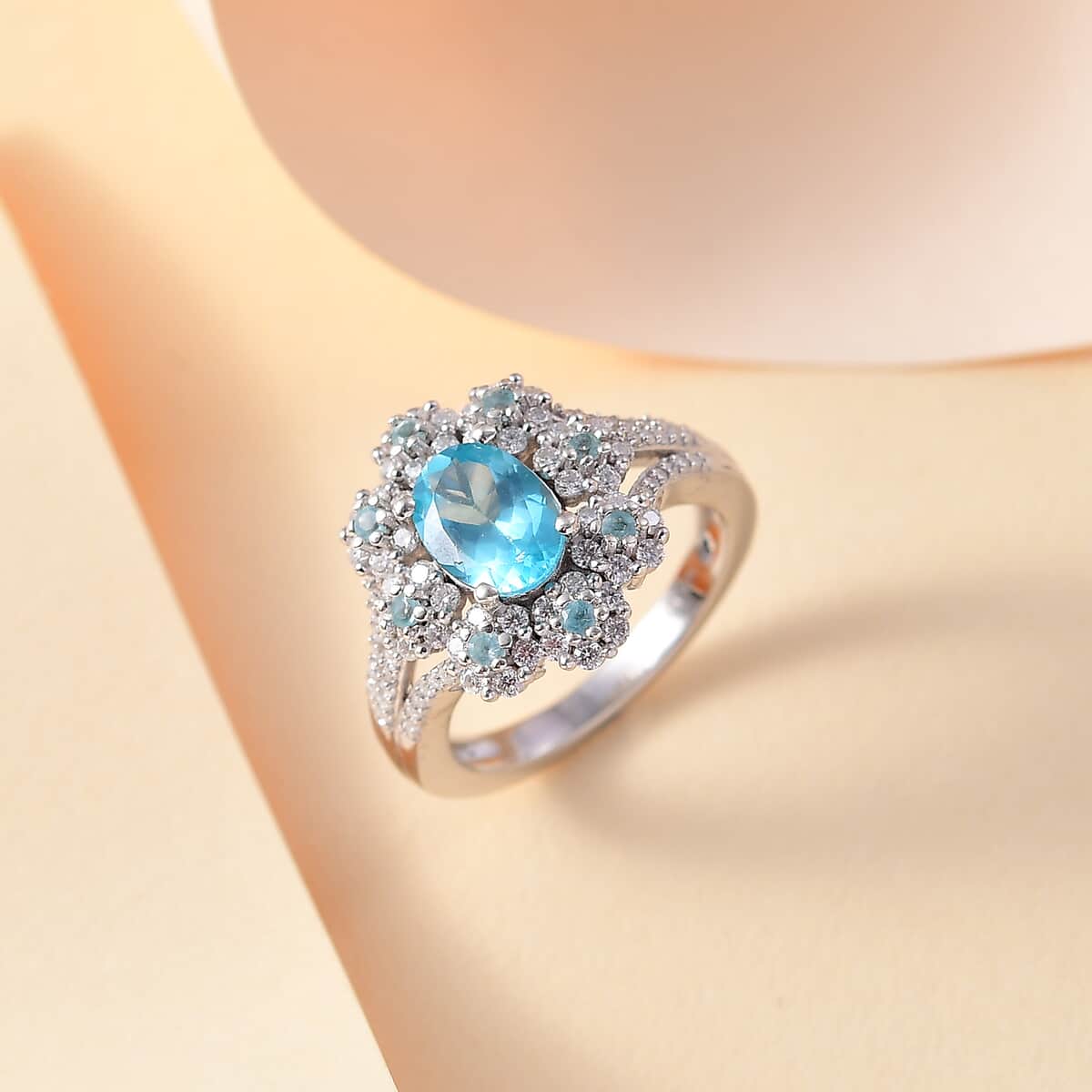 Premium Betroka Blue and Lagoon Apatite, Moissanite 2.10 ctw Azure Blossom Ring in Rhodium Over Sterling Silver (Size 10.0) image number 1