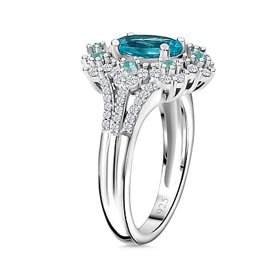 Premium Betroka Blue and Lagoon Apatite, Moissanite 2.10 ctw Azure Blossom Ring in Rhodium Over Sterling Silver (Size 10.0)
