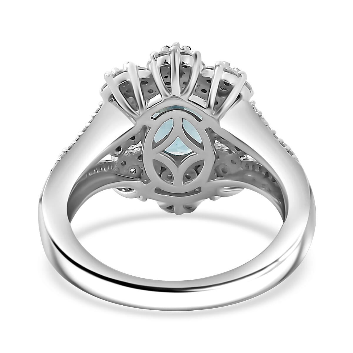 Premium Betroka Blue and Lagoon Apatite, Moissanite 2.10 ctw Azure Blossom Ring in Rhodium Over Sterling Silver (Size 10.0)