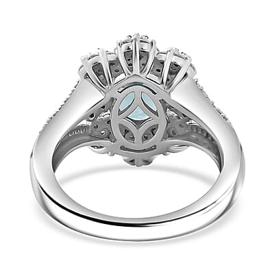 Premium Betroka Blue and Lagoon Apatite, Moissanite 2.10 ctw Azure Blossom Ring in Rhodium Over Sterling Silver (Size 10.0)