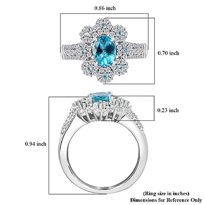 Premium Betroka Blue and Lagoon Apatite, Moissanite 2.10 ctw Azure Blossom Ring in Rhodium Over Sterling Silver (Size 10.0)