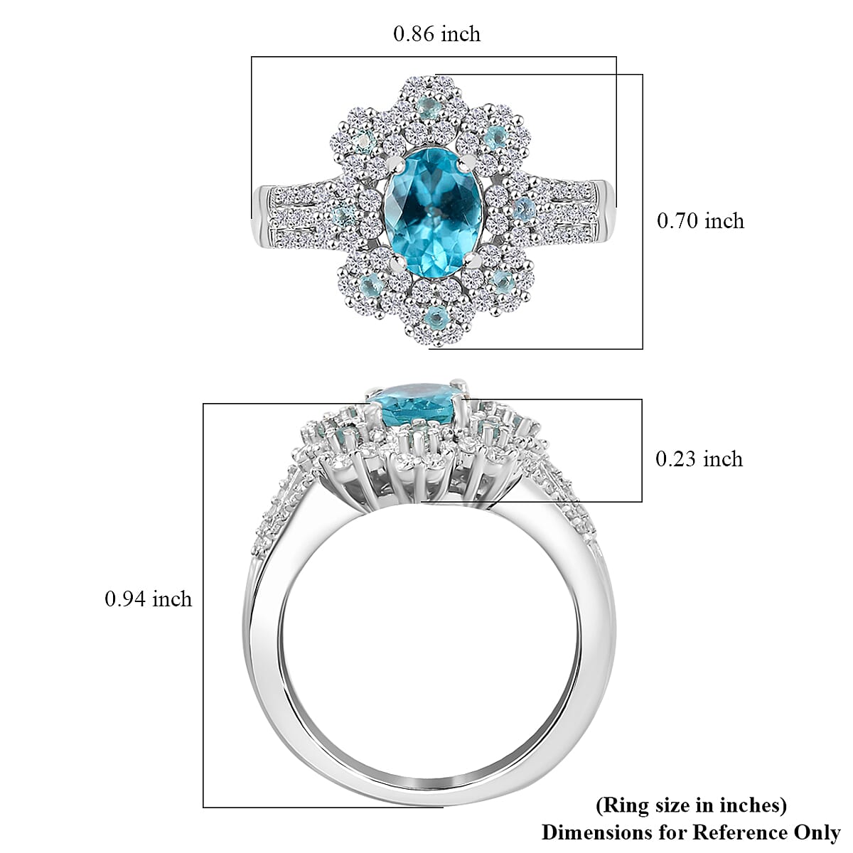 D'Joy Premium Betroka Blue and Lagoon Apatite, Moissanite 2.10 ctw Azure Blossom Ring in Rhodium Over Sterling Silver (Size 5.0)