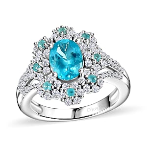 Premium Betroka Blue and Lagoon Apatite, Moissanite 2.10 ctw Azure Blossom Ring in Rhodium Over Sterling Silver (Size 6.0)