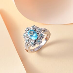 Premium Betroka Blue and Lagoon Apatite, Moissanite 2.10 ctw Azure Blossom Ring in Rhodium Over Sterling Silver (Size 6.0)