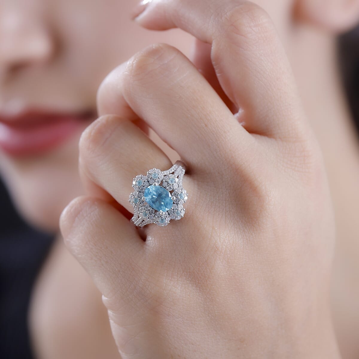 Premium Betroka Blue and Lagoon Apatite, Moissanite 2.10 ctw Azure Blossom Ring in Rhodium Over Sterling Silver (Size 8.0) image number 2