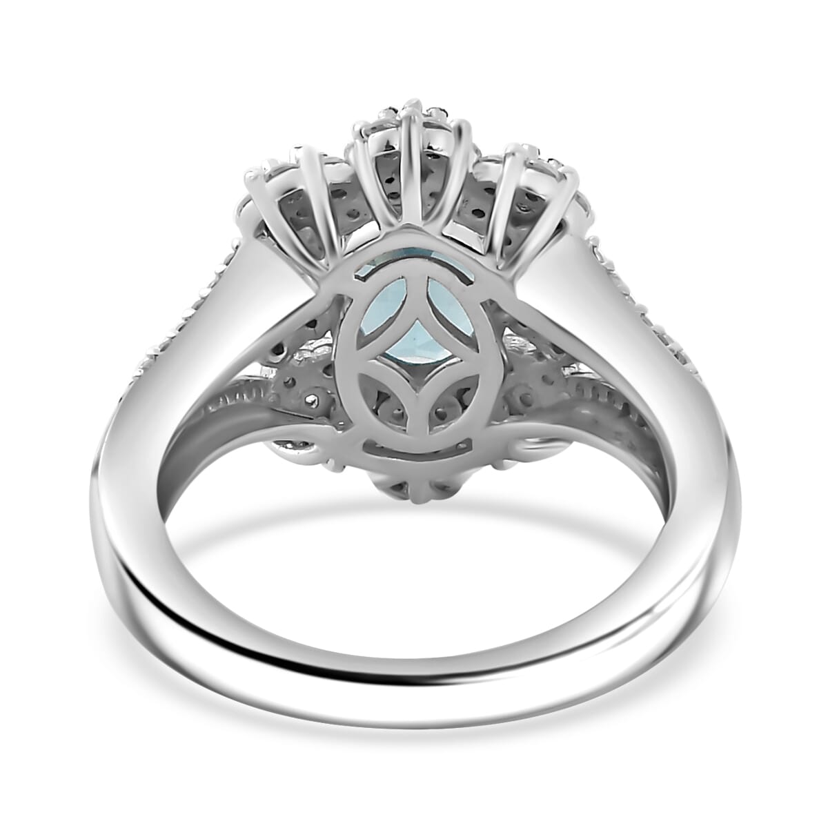 Premium Betroka Blue and Lagoon Apatite, Moissanite 2.10 ctw Azure Blossom Ring in Rhodium Over Sterling Silver (Size 8.0) image number 4