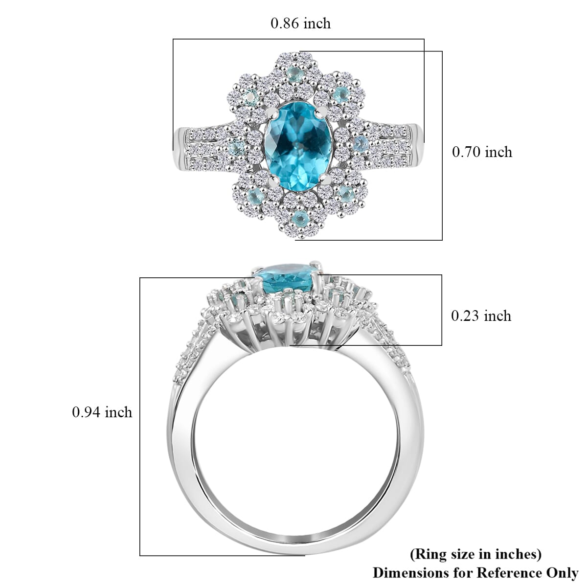 Premium Betroka Blue and Lagoon Apatite, Moissanite 2.10 ctw Azure Blossom Ring in Rhodium Over Sterling Silver (Size 8.0) image number 5