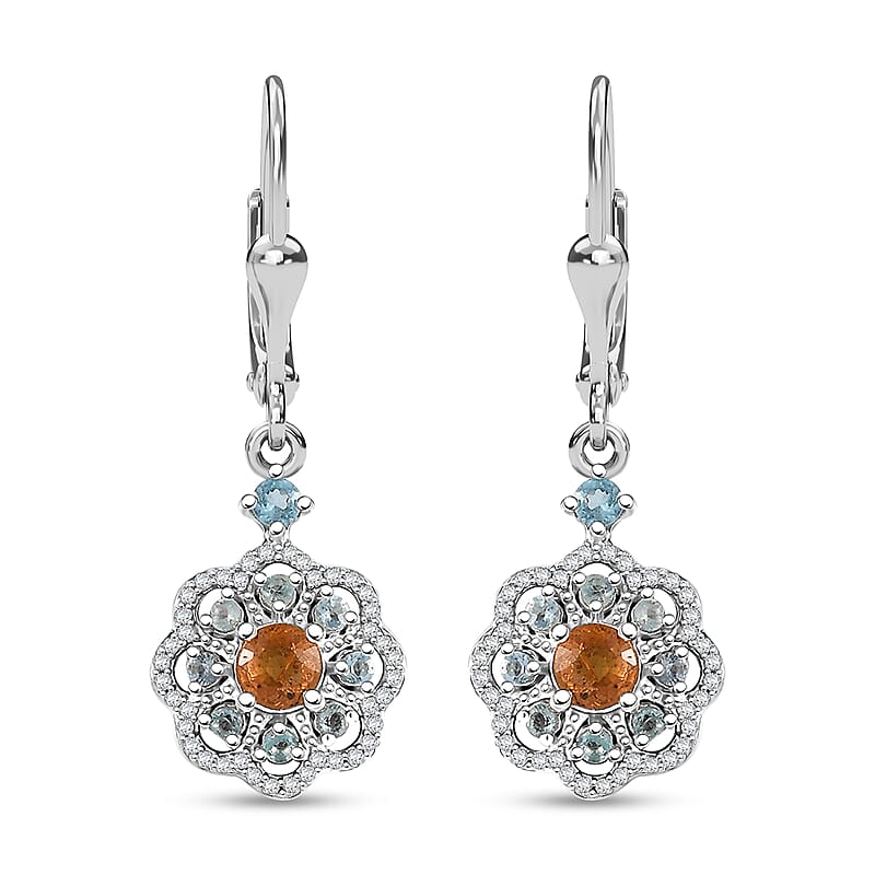 D'Joy Premium Madagascar Yellow Sapphire, Blue and Lagoon Apatite, White Zircon 1.65 ctw Flower Earrings in Rhodium Over Sterling Silver