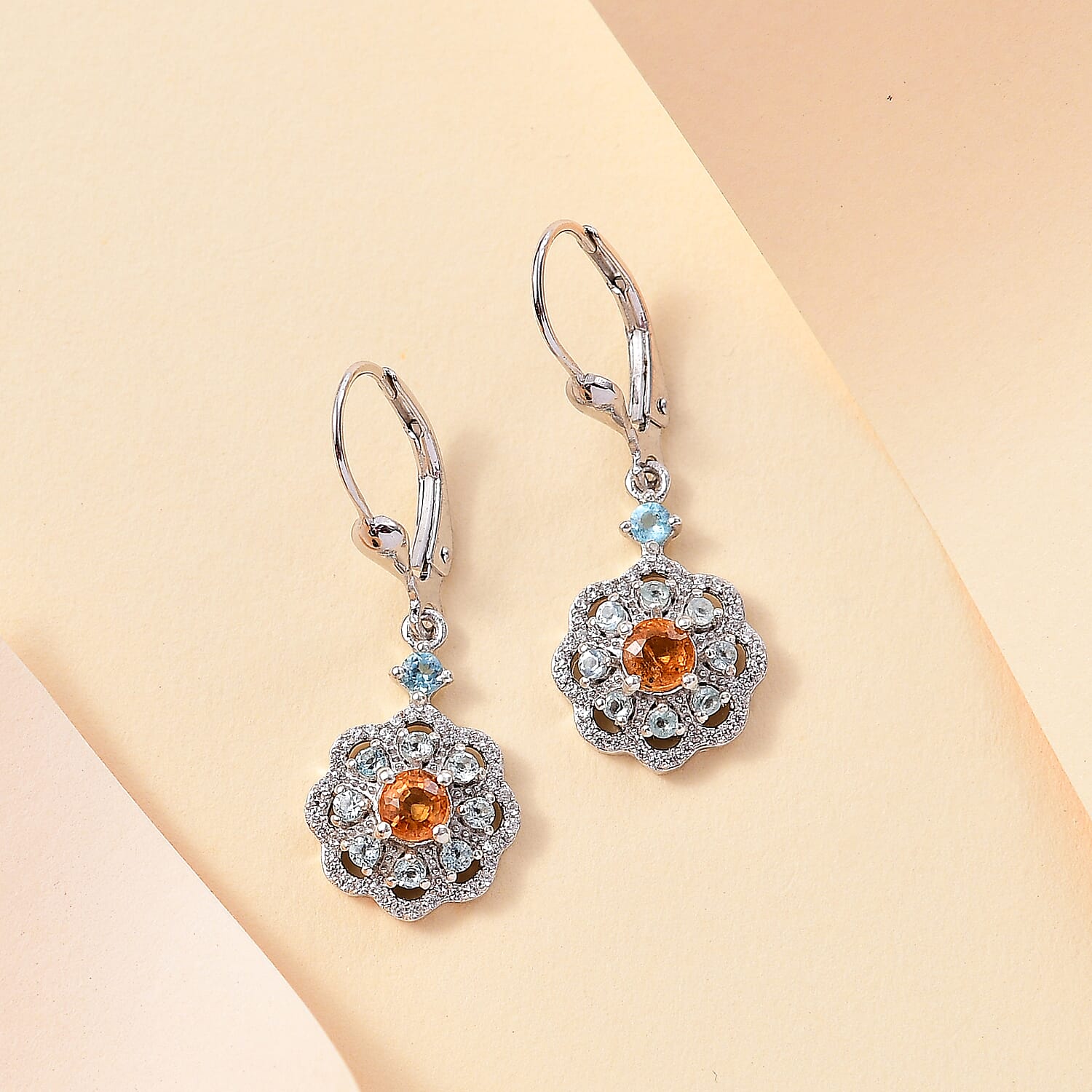 D'Joy Premium Madagascar Yellow Sapphire, Blue and Lagoon Apatite, White Zircon 1.65 ctw Flower Earrings in Rhodium Over Sterling Silver