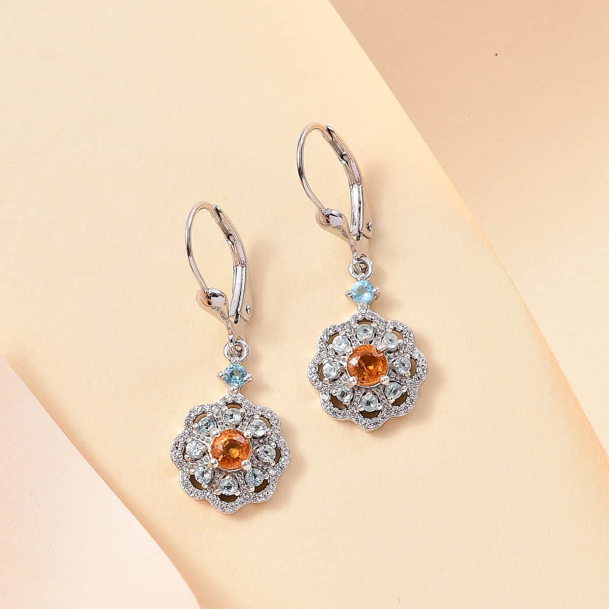 Premium Madagascar Yellow Sapphire, Blue and Lagoon Apatite, White Zircon 1.65 ctw Flower Earrings in Rhodium Over Sterling Silver image number 1