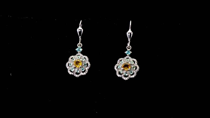 D'Joy Premium Madagascar Yellow Sapphire, Blue and Lagoon Apatite, White Zircon 1.65 ctw Flower Earrings in Rhodium Over Sterling Silver