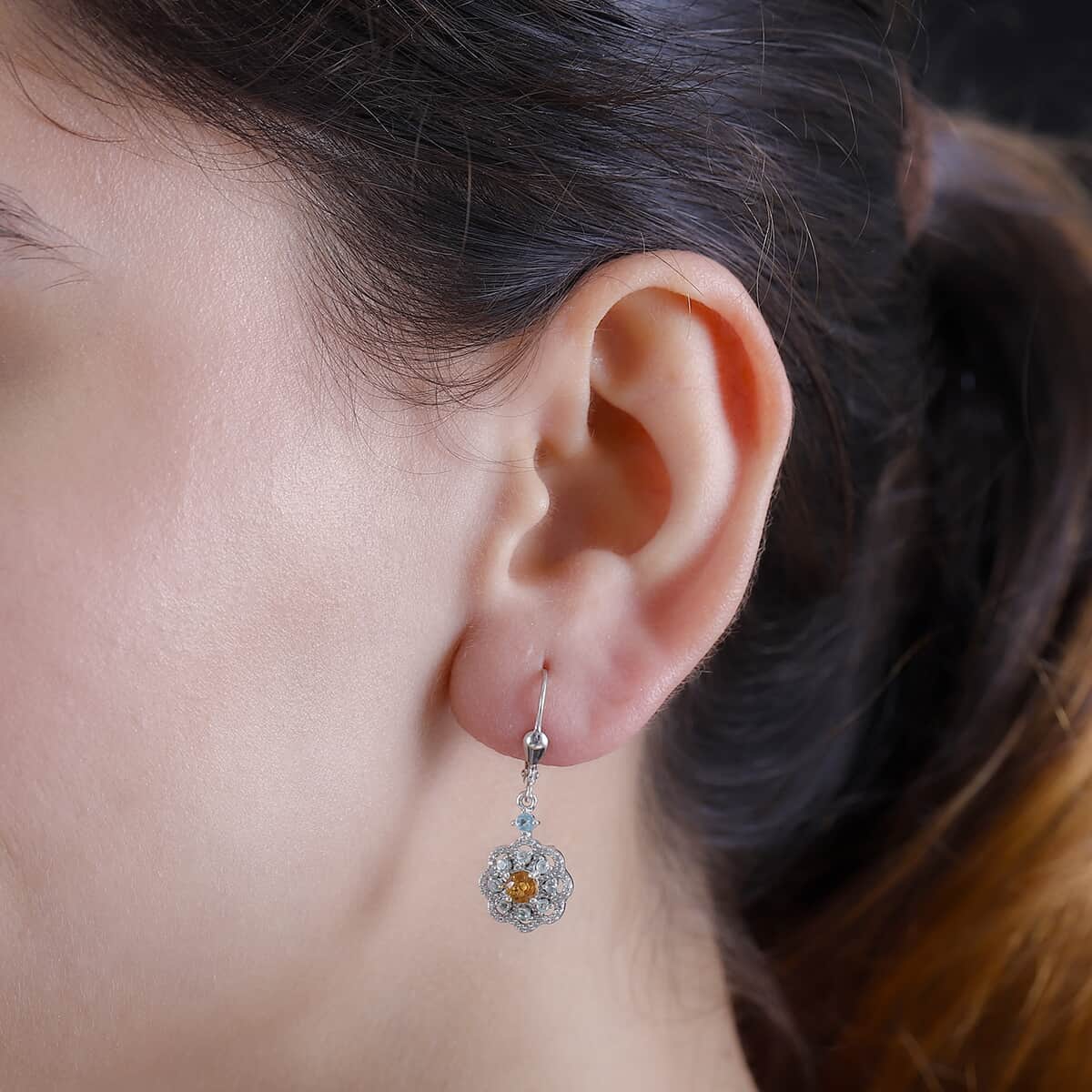 Premium Madagascar Yellow Sapphire, Blue and Lagoon Apatite, White Zircon 1.65 ctw Flower Earrings in Rhodium Over Sterling Silver image number 2