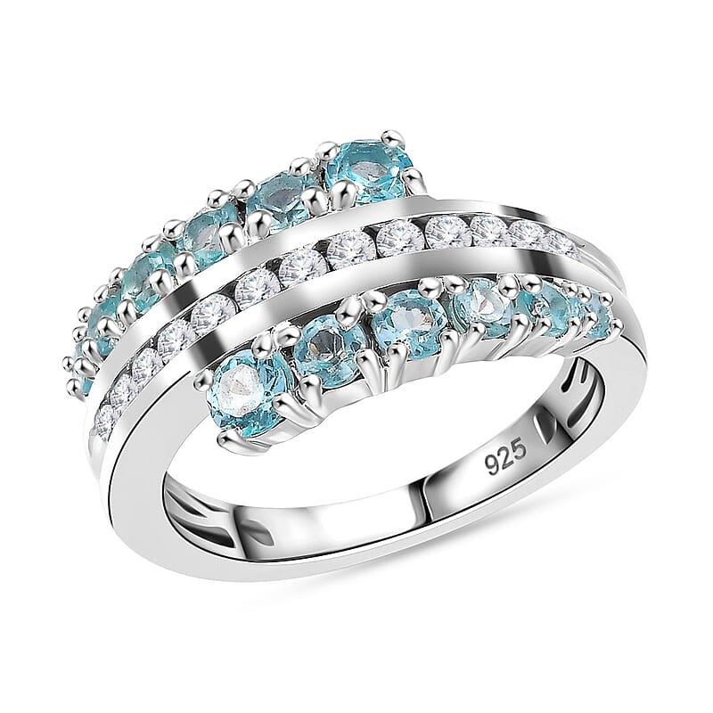 Lagoon Apatite, White Zircon 1.50 ctw  Ring in Rhodium Over Sterling Silver (Size 11.5)