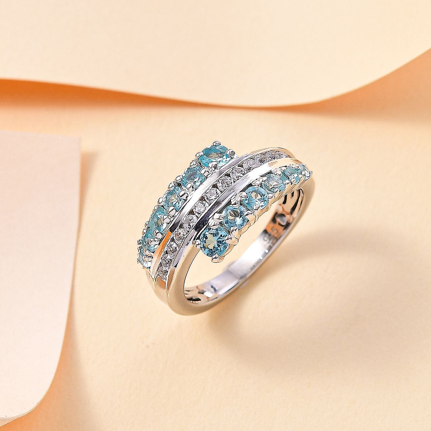 Lagoon Apatite, White Zircon 1.50 ctw  Ring in Rhodium Over Sterling Silver (Size 11.5)