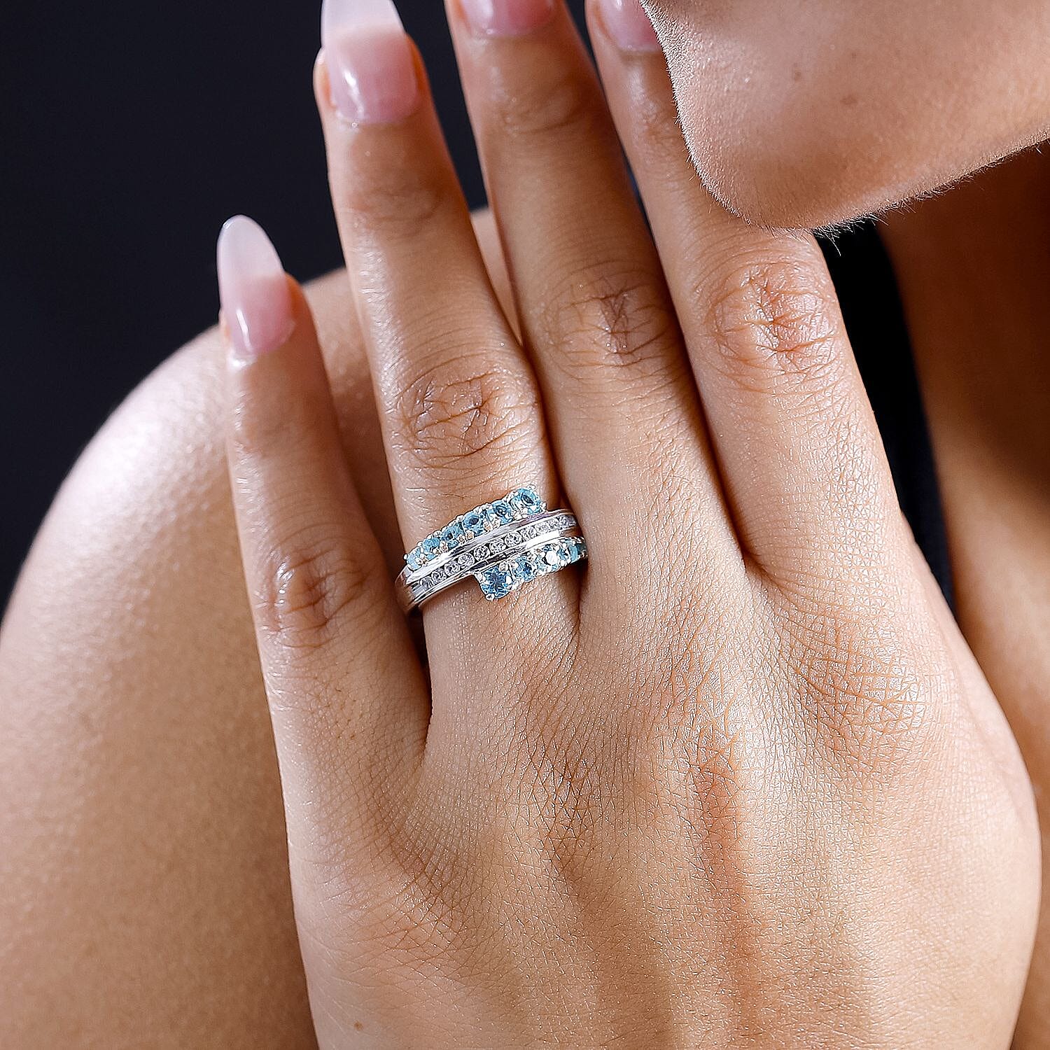 Lagoon Apatite, White Zircon 1.50 ctw  Ring in Rhodium Over Sterling Silver (Size 11.5)