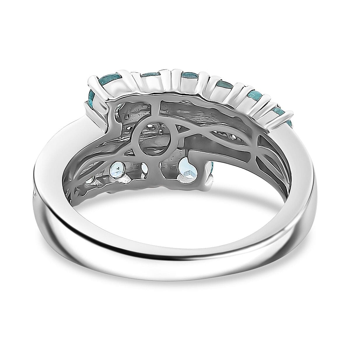 Lagoon Apatite, White Zircon 1.50 ctw  Ring in Rhodium Over Sterling Silver (Size 11.5)