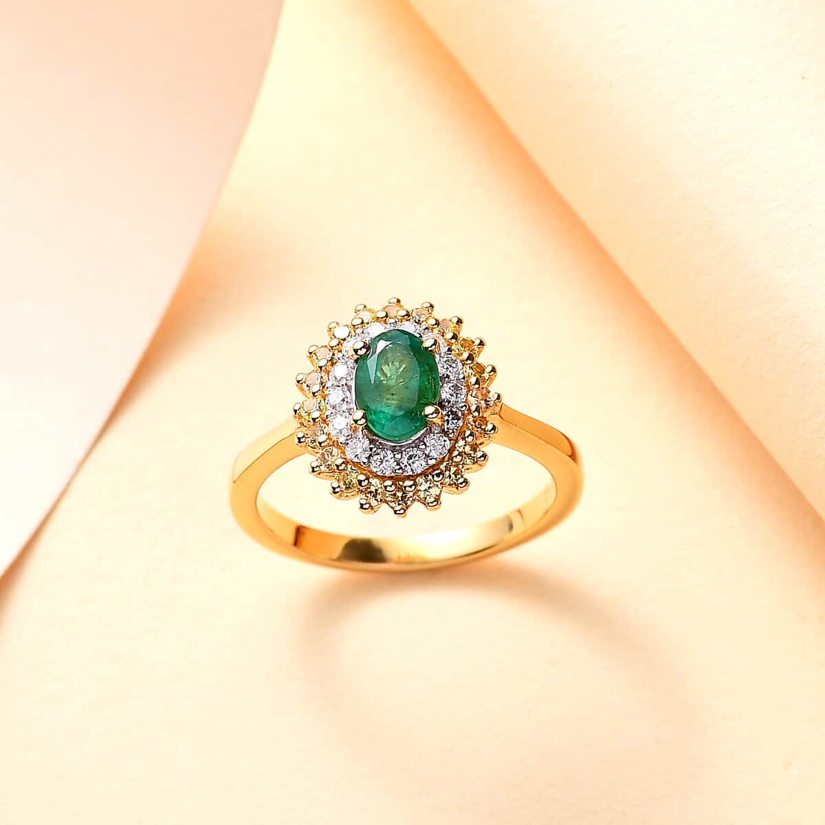 Kagem Zambian Emerald and Multi Gemstone 1.40 ctw Majesty Ring in 18K Vermeil Yellow Gold Over Sterling Silver (Size 10.0) image number 1