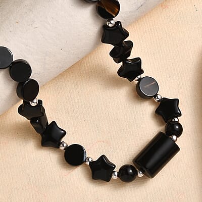 Black Agate and Glass 151.10 ctw Necklace 20 Inches in Platinum Bond 