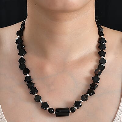 Black Agate and Glass 151.10 ctw Necklace 20 Inches in Platinum Bond 