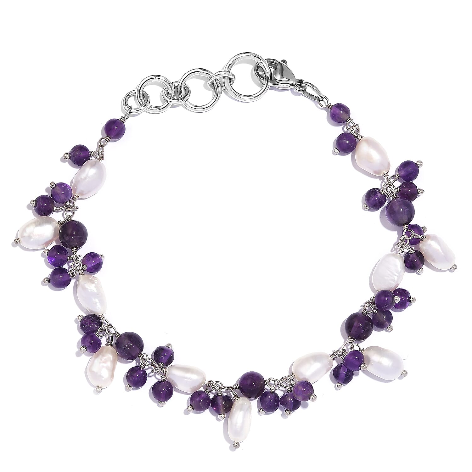 African Amethyst and White Freshwater Pearl 27.75 ctw Bracelet in Stainless Stee (7.25 In)