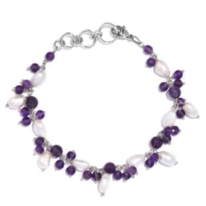 African Amethyst and White Freshwater Pearl 27.75 ctw Bracelet in Stainless Stee (7.25 In) 